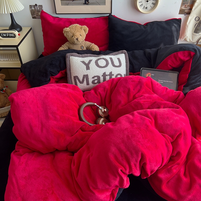 原素 2025秋冬加厚双拼纯色牛奶绒四件套 牛奶绒-可可红暗黑