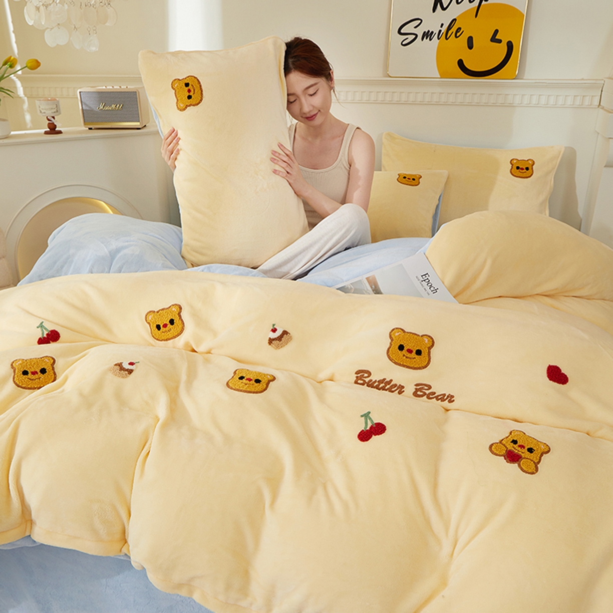 91家纺网 家纺一手货源 找家纺 yyds网供 2025秋冬加厚牛奶绒四件套卡通毛巾绣花宝宝绒婴儿绒水晶绒法莱绒AB版 奶油熊-毛巾绣