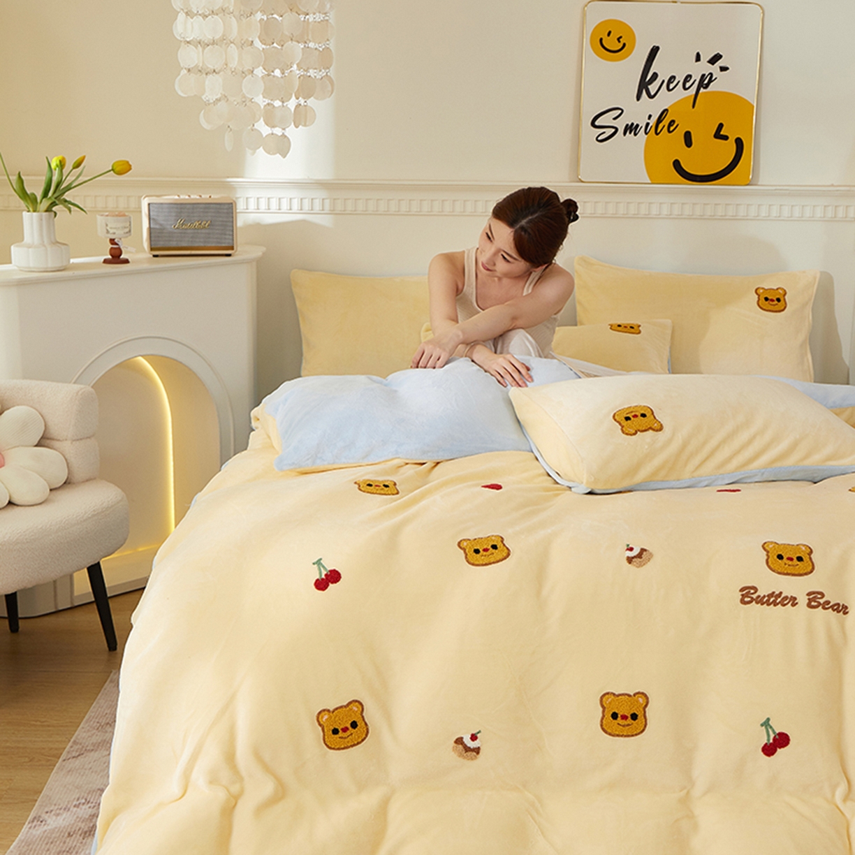 91家纺网 家纺一手货源 找家纺 yyds网供 2025秋冬加厚牛奶绒四件套卡通毛巾绣花宝宝绒婴儿绒水晶绒法莱绒AB版 奶油熊-毛巾绣