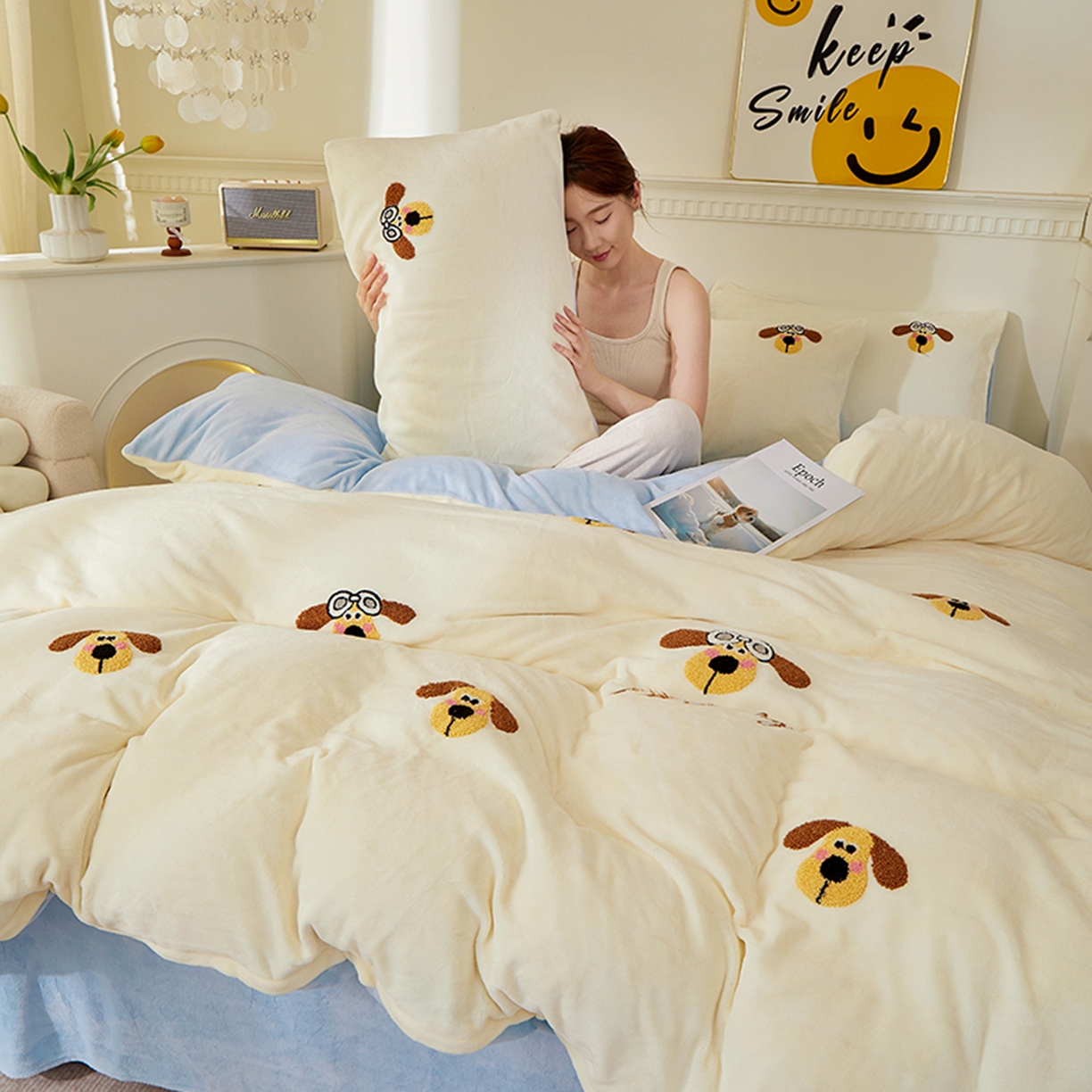 91家纺网 家纺一手货源 找家纺 yyds网供 2025秋冬加厚牛奶绒四件套卡通毛巾绣花宝宝绒婴儿绒水晶绒法莱绒AB版 淘气狗-毛巾绣