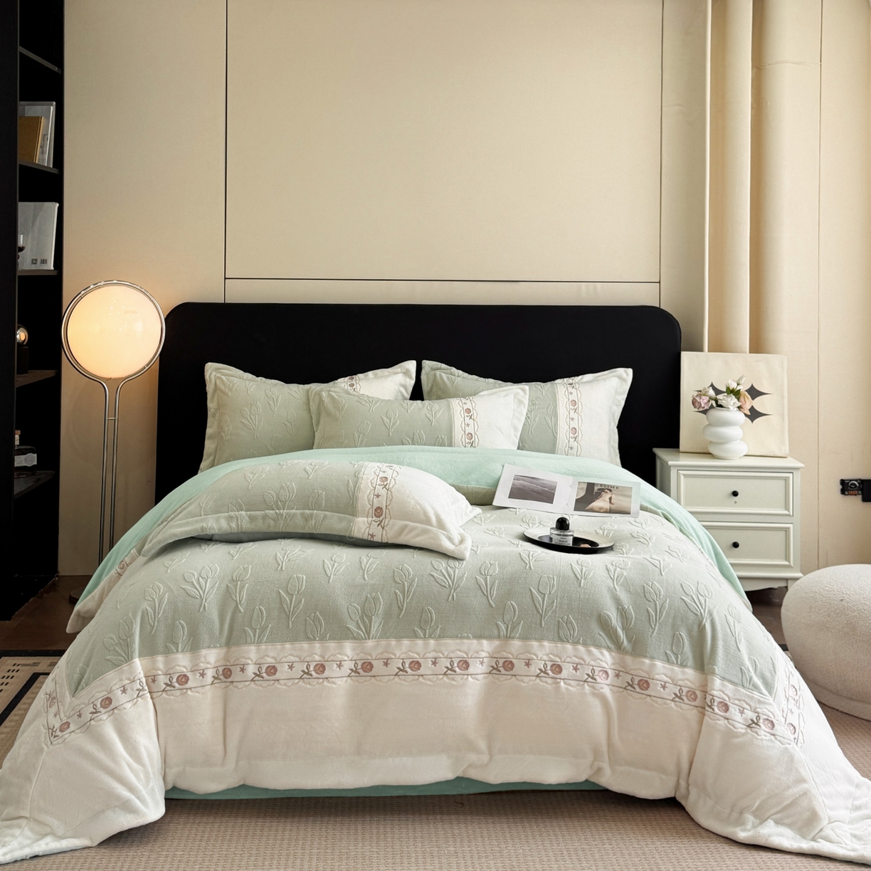 博纳家纺 2025新款230克雕花绒法式花边刺绣拼角加厚牛奶绒四件套-美好时光 控价劵后248（严格按控价来） 美好时光-优雅绿
