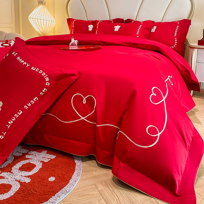 91家纺网 家纺一手货源 找家纺 置顶家纺 2025新款亲肤磨毛刺绣婚庆四件套系列-棚拍 恩爱-大红