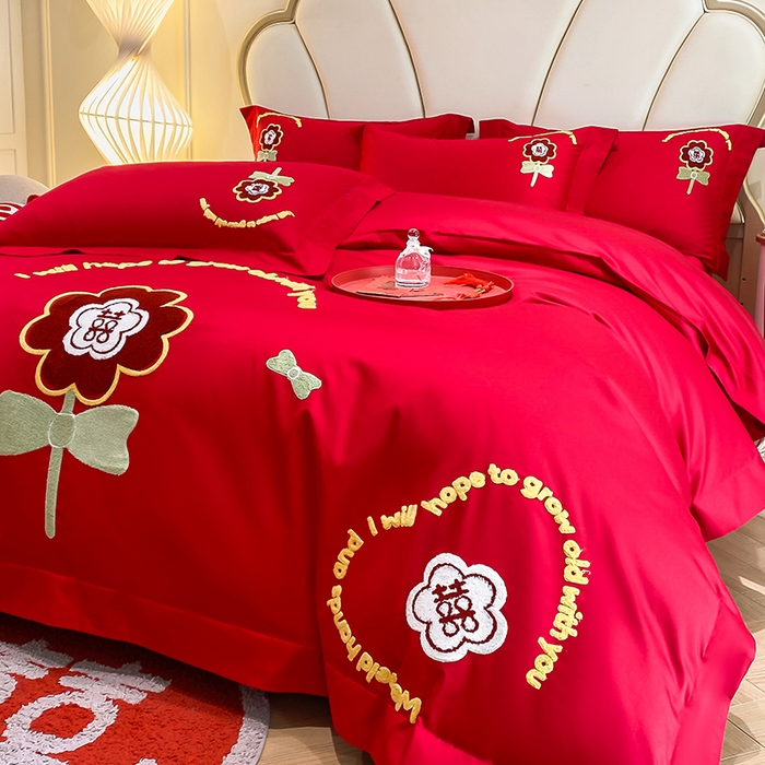 91家纺网 家纺一手货源 找家纺 置顶家纺 2025新款亲肤磨毛刺绣婚庆四件套系列-棚拍 合美-大红