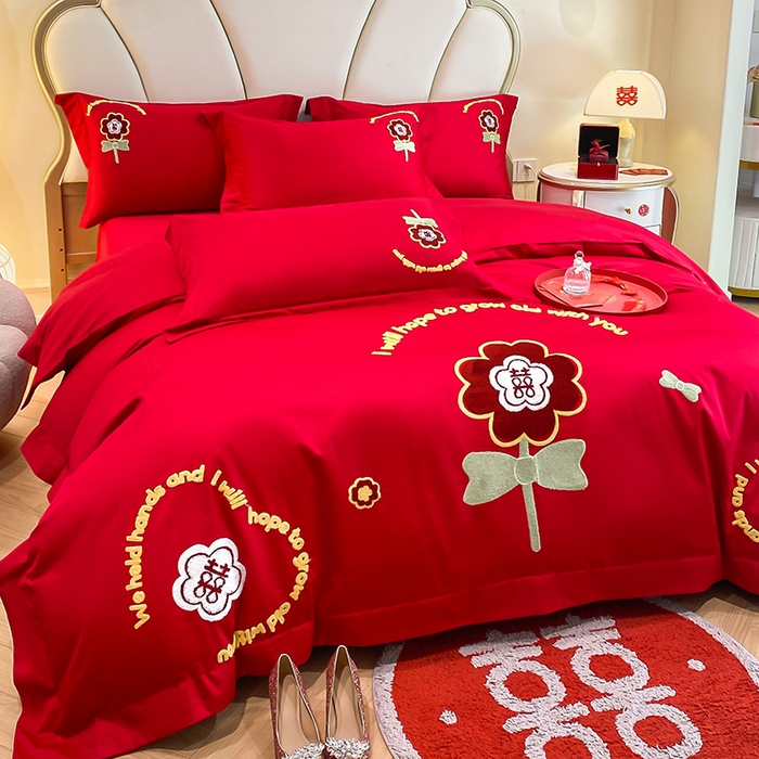 91家纺网 家纺一手货源 找家纺 置顶家纺 2025新款亲肤磨毛刺绣婚庆四件套系列-棚拍 合美-大红