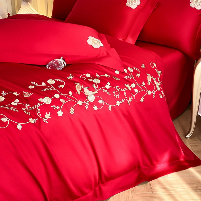 91家纺网 家纺一手货源 找家纺 置顶家纺 2025新款亲肤磨毛刺绣婚庆四件套系列-棚拍 金玉满堂-大红