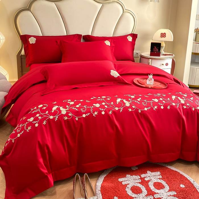 91家纺网 家纺一手货源 找家纺 置顶家纺 2025新款亲肤磨毛刺绣婚庆四件套系列-棚拍 金玉满堂-大红