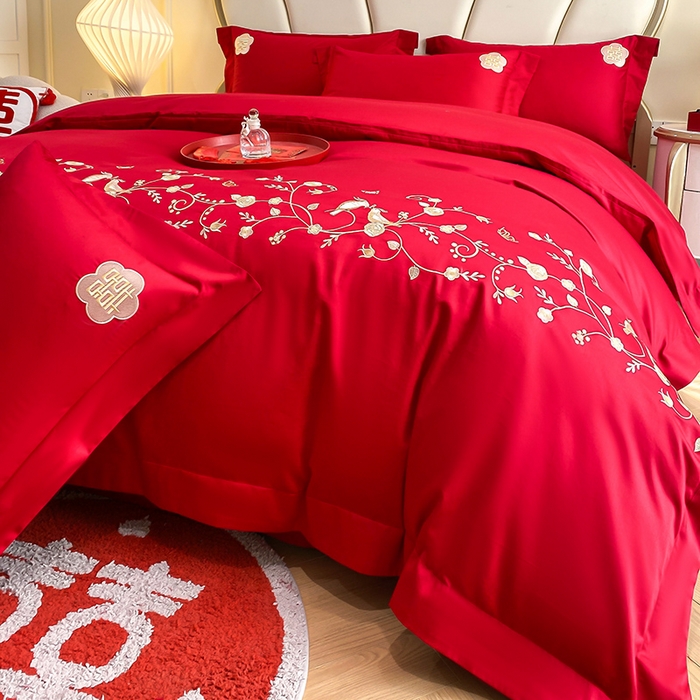 91家纺网 家纺一手货源 找家纺 置顶家纺 2025新款亲肤磨毛刺绣婚庆四件套系列-棚拍 金玉满堂-大红