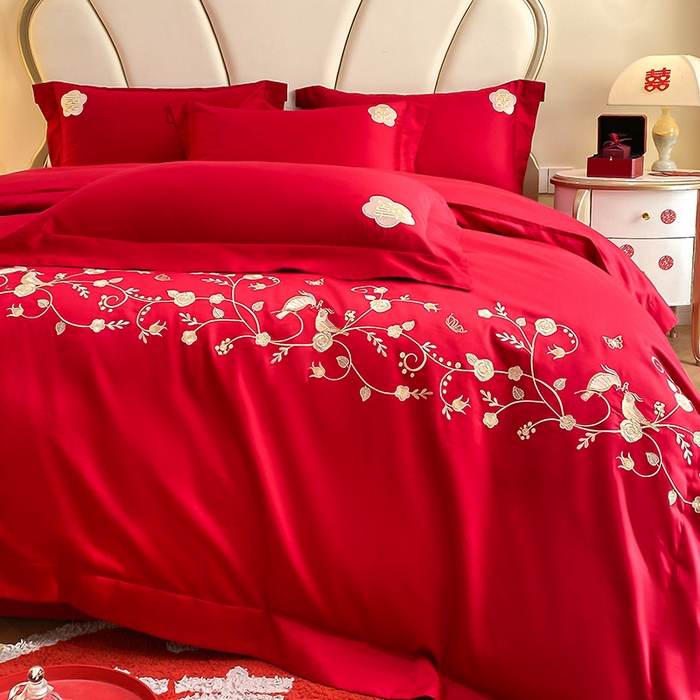 91家纺网 家纺一手货源 找家纺 置顶家纺 2025新款亲肤磨毛刺绣婚庆四件套系列-棚拍 金玉满堂-大红