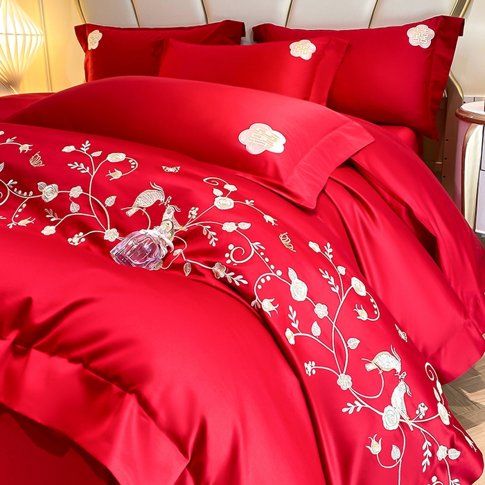 91家纺网 家纺一手货源 找家纺 置顶家纺 2025新款亲肤磨毛刺绣婚庆四件套系列-棚拍 金玉满堂-大红