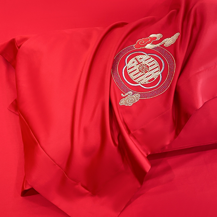 91家纺网 家纺一手货源 找家纺 置顶家纺 2025新款亲肤磨毛刺绣婚庆四件套系列-棚拍 龙凤大囍-大红