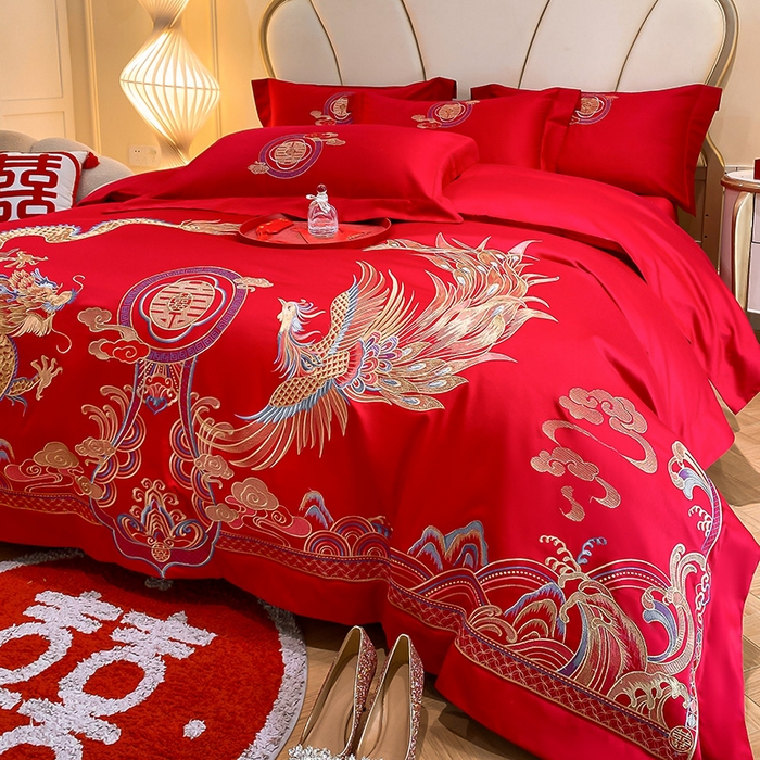 91家纺网 家纺一手货源 找家纺 置顶家纺 2025新款亲肤磨毛刺绣婚庆四件套系列-棚拍 龙凤大囍-大红