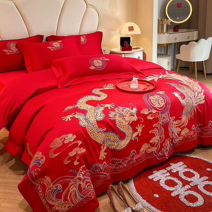 91家纺网 家纺一手货源 找家纺 置顶家纺 2025新款亲肤磨毛刺绣婚庆四件套系列-棚拍 龙凤大囍-大红