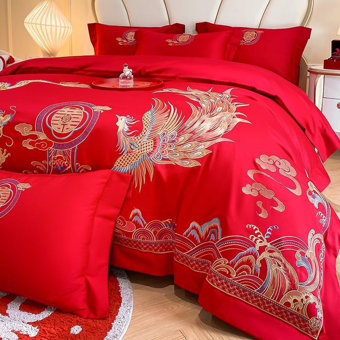 91家纺网 家纺一手货源 找家纺 置顶家纺 2025新款亲肤磨毛刺绣婚庆四件套系列-棚拍 龙凤大囍-大红