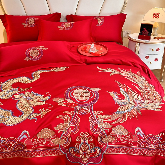 91家纺网 家纺一手货源 找家纺 置顶家纺 2025新款亲肤磨毛刺绣婚庆四件套系列-棚拍 龙凤大囍-大红