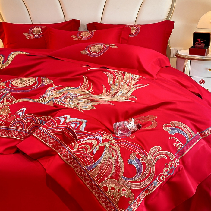 91家纺网 家纺一手货源 找家纺 置顶家纺 2025新款亲肤磨毛刺绣婚庆四件套系列-棚拍 龙凤大囍-大红