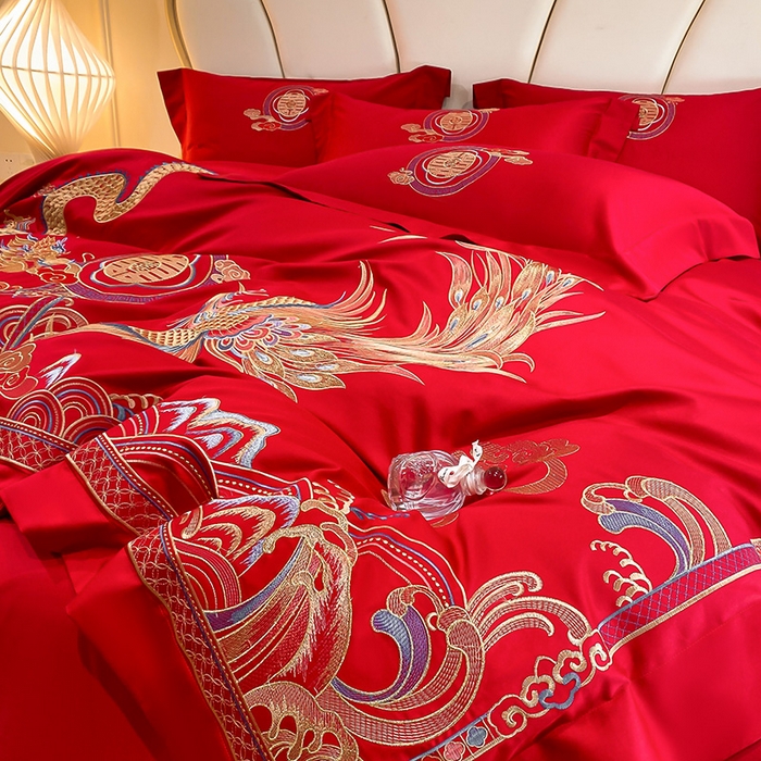 91家纺网 家纺一手货源 找家纺 置顶家纺 2025新款亲肤磨毛刺绣婚庆四件套系列-棚拍 龙凤大囍-大红