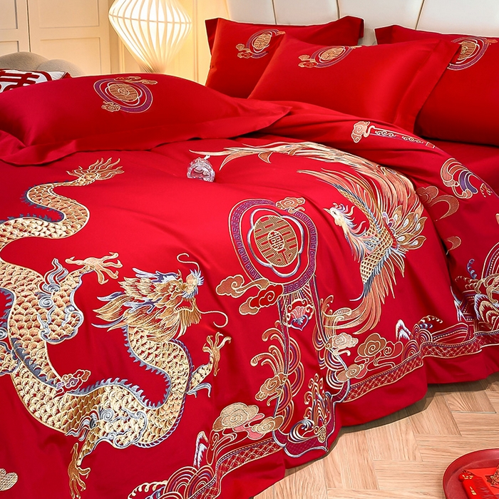 91家纺网 家纺一手货源 找家纺 置顶家纺 2025新款亲肤磨毛刺绣婚庆四件套系列-棚拍 龙凤大囍-大红