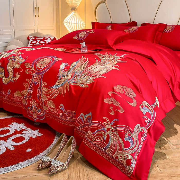 91家纺网 家纺一手货源 找家纺 置顶家纺 2025新款亲肤磨毛刺绣婚庆四件套系列-棚拍 龙凤大囍-大红