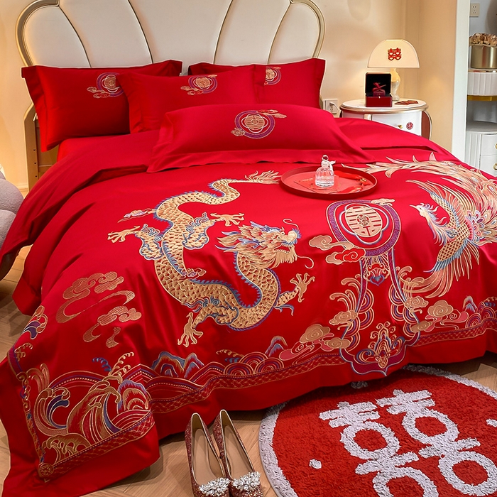 91家纺网 家纺一手货源 找家纺 置顶家纺 2025新款亲肤磨毛刺绣婚庆四件套系列-棚拍 龙凤大囍-大红