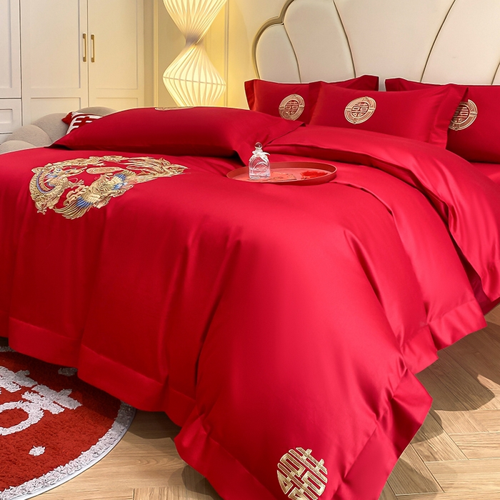 91家纺网 家纺一手货源 找家纺 置顶家纺 2025新款亲肤磨毛刺绣婚庆四件套系列-棚拍 龙华凤贵-大红