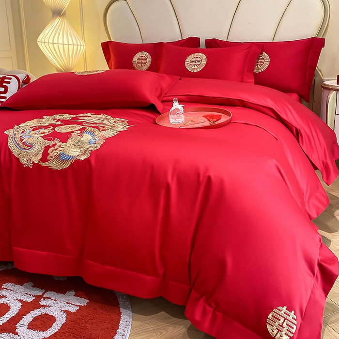 91家纺网 家纺一手货源 找家纺 置顶家纺 2025新款亲肤磨毛刺绣婚庆四件套系列-棚拍 龙华凤贵-大红