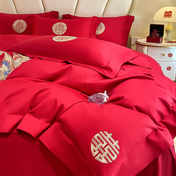 91家纺网 家纺一手货源 找家纺 置顶家纺 2025新款亲肤磨毛刺绣婚庆四件套系列-棚拍 龙华凤贵-大红