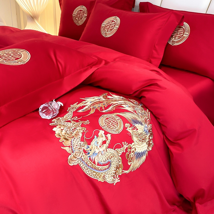 91家纺网 家纺一手货源 找家纺 置顶家纺 2025新款亲肤磨毛刺绣婚庆四件套系列-棚拍 龙华凤贵-大红