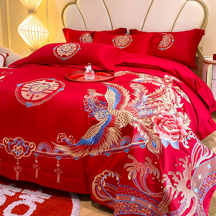 91家纺网 家纺一手货源 找家纺 置顶家纺 2025新款亲肤磨毛刺绣婚庆四件套系列-棚拍 龙腾凤跃-大红