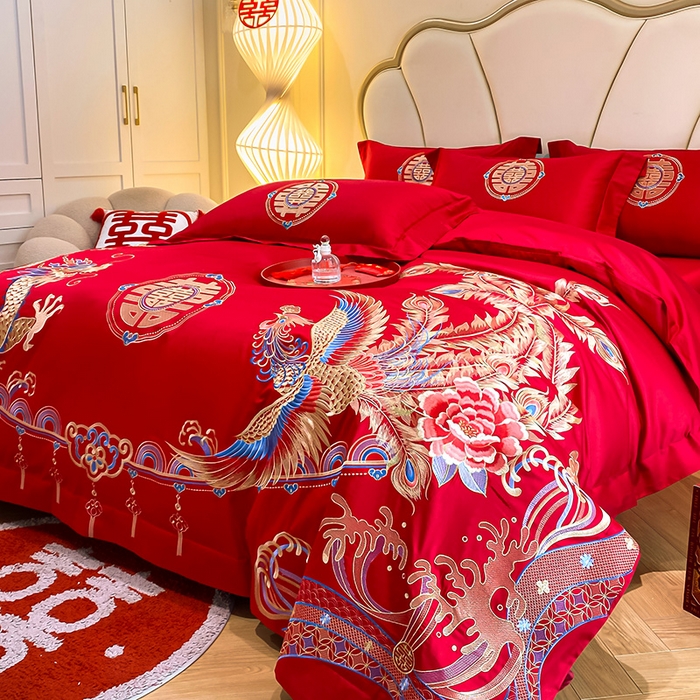 91家纺网 家纺一手货源 找家纺 置顶家纺 2025新款亲肤磨毛刺绣婚庆四件套系列-棚拍 龙腾凤跃-大红