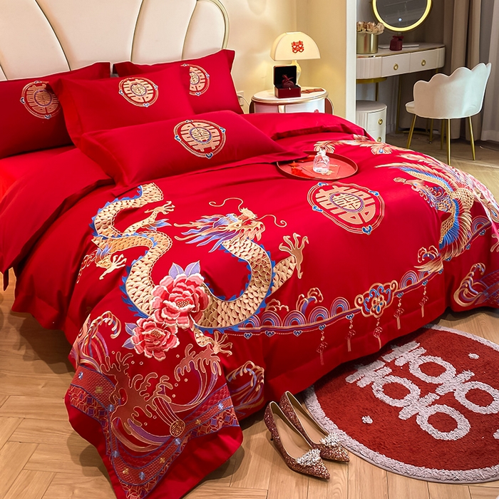 91家纺网 家纺一手货源 找家纺 置顶家纺 2025新款亲肤磨毛刺绣婚庆四件套系列-棚拍 龙腾凤跃-大红
