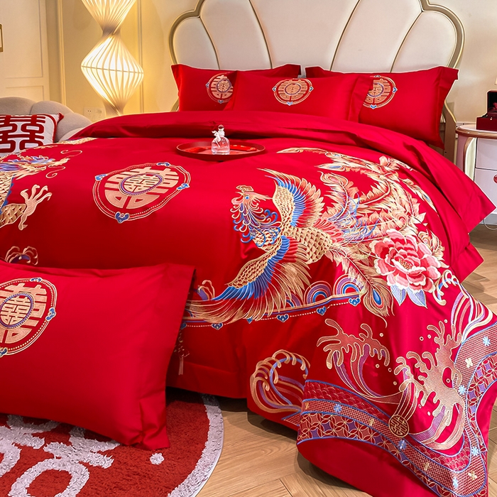 91家纺网 家纺一手货源 找家纺 置顶家纺 2025新款亲肤磨毛刺绣婚庆四件套系列-棚拍 龙腾凤跃-大红