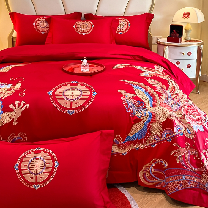 91家纺网 家纺一手货源 找家纺 置顶家纺 2025新款亲肤磨毛刺绣婚庆四件套系列-棚拍 龙腾凤跃-大红