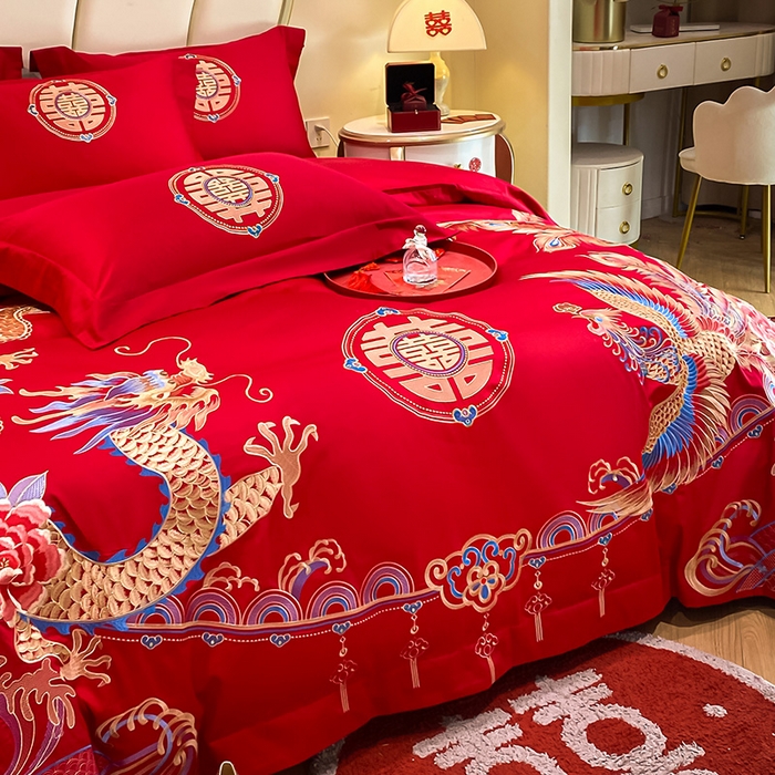 91家纺网 家纺一手货源 找家纺 置顶家纺 2025新款亲肤磨毛刺绣婚庆四件套系列-棚拍 龙腾凤跃-大红