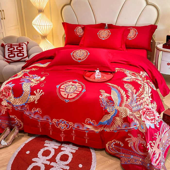 91家纺网 家纺一手货源 找家纺 置顶家纺 2025新款亲肤磨毛刺绣婚庆四件套系列-棚拍 龙腾凤跃-大红