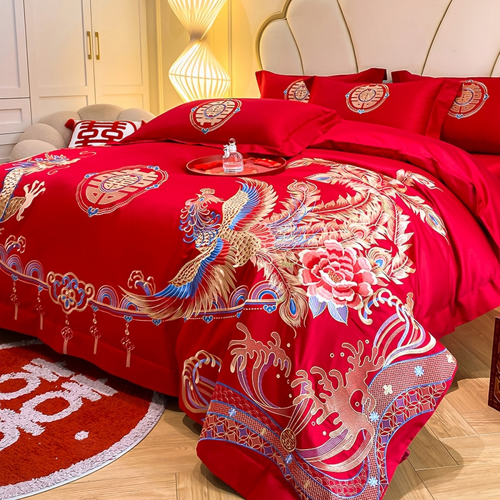 91家纺网 家纺一手货源 找家纺 置顶家纺 2025新款亲肤磨毛刺绣婚庆四件套系列-棚拍 龙腾凤跃-大红