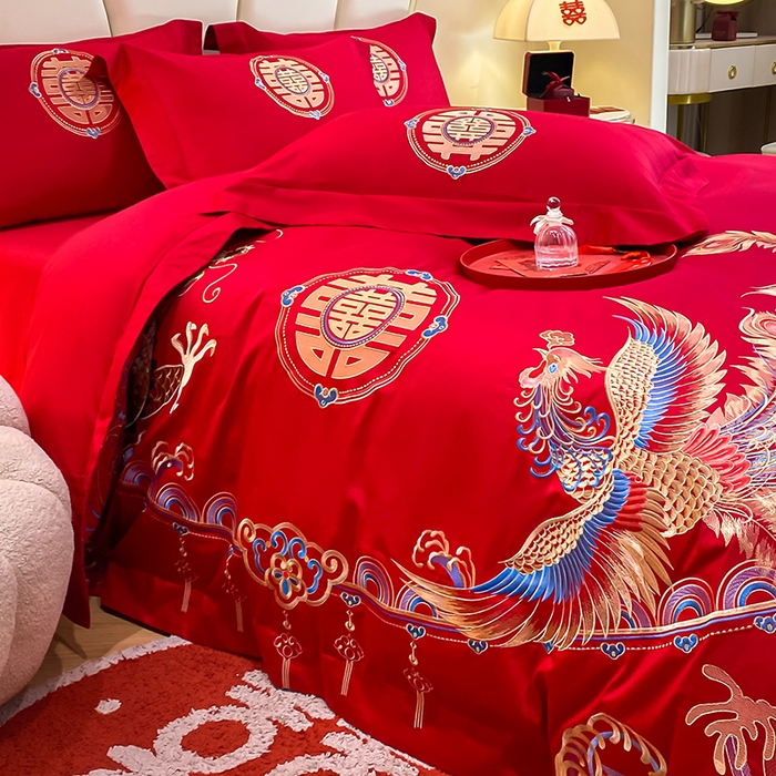 91家纺网 家纺一手货源 找家纺 置顶家纺 2025新款亲肤磨毛刺绣婚庆四件套系列-棚拍 龙腾凤跃-大红