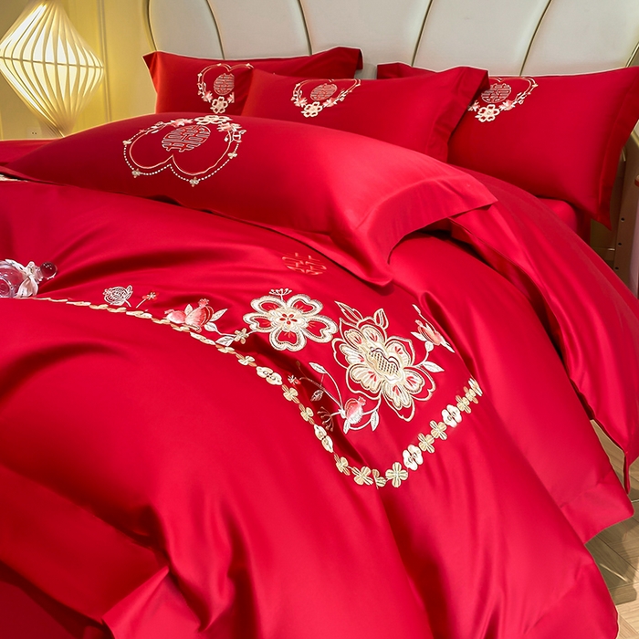 91家纺网 家纺一手货源 找家纺 置顶家纺 2025新款亲肤磨毛刺绣婚庆四件套系列-棚拍 倾心-大红