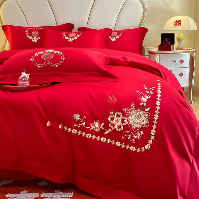 91家纺网 家纺一手货源 找家纺 置顶家纺 2025新款亲肤磨毛刺绣婚庆四件套系列-棚拍 倾心-大红