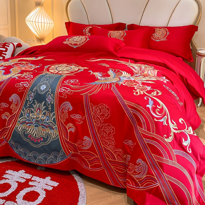 91家纺网 家纺一手货源 找家纺 置顶家纺 2025新款亲肤磨毛刺绣婚庆四件套系列-棚拍 盛世龙凤-大红