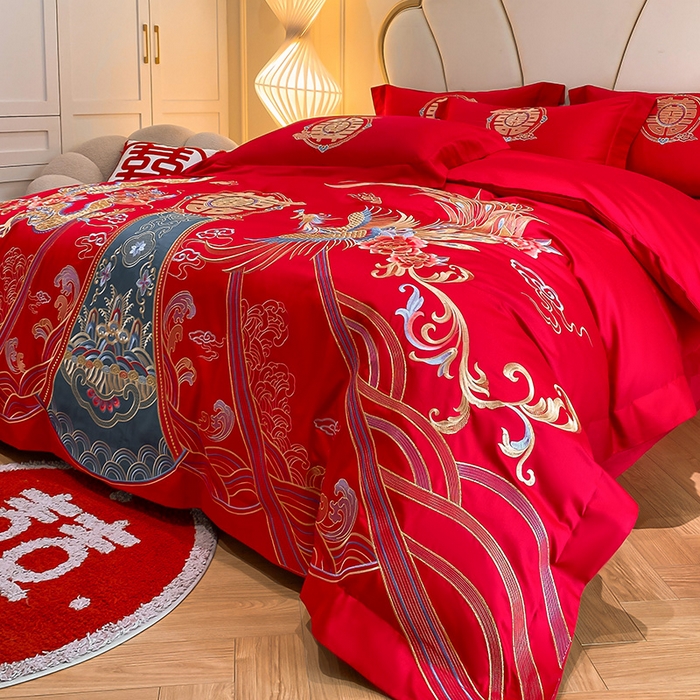 91家纺网 家纺一手货源 找家纺 置顶家纺 2025新款亲肤磨毛刺绣婚庆四件套系列-棚拍 盛世龙凤-大红