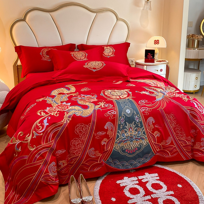 91家纺网 家纺一手货源 找家纺 置顶家纺 2025新款亲肤磨毛刺绣婚庆四件套系列-棚拍 盛世龙凤-大红