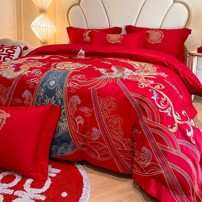 91家纺网 家纺一手货源 找家纺 置顶家纺 2025新款亲肤磨毛刺绣婚庆四件套系列-棚拍 盛世龙凤-大红