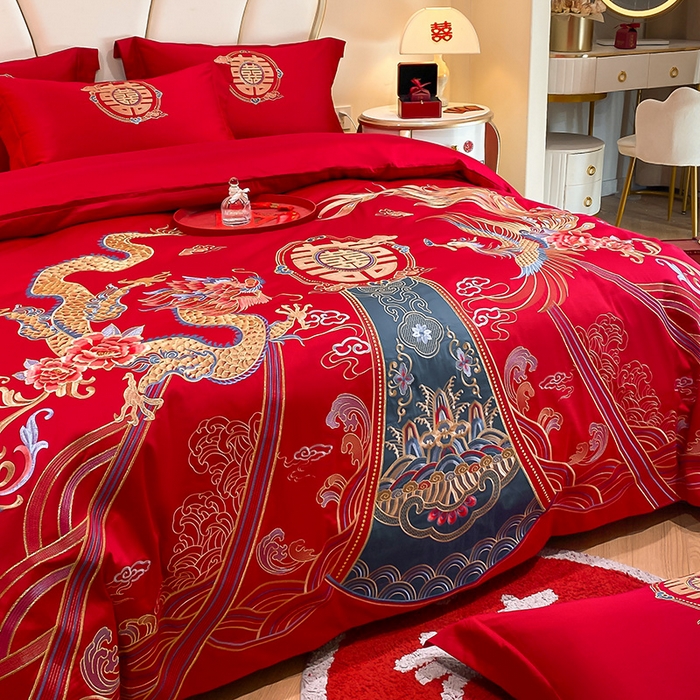 91家纺网 家纺一手货源 找家纺 置顶家纺 2025新款亲肤磨毛刺绣婚庆四件套系列-棚拍 盛世龙凤-大红