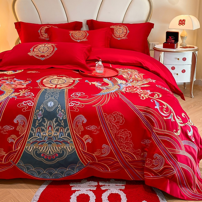 91家纺网 家纺一手货源 找家纺 置顶家纺 2025新款亲肤磨毛刺绣婚庆四件套系列-棚拍 盛世龙凤-大红