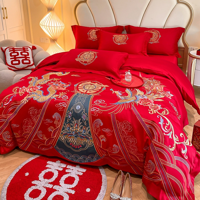 91家纺网 家纺一手货源 找家纺 置顶家纺 2025新款亲肤磨毛刺绣婚庆四件套系列-棚拍 盛世龙凤-大红