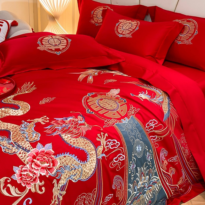 91家纺网 家纺一手货源 找家纺 置顶家纺 2025新款亲肤磨毛刺绣婚庆四件套系列-棚拍 盛世龙凤-大红