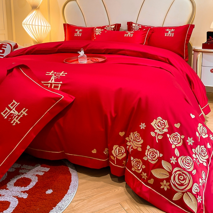 91家纺网 家纺一手货源 找家纺 置顶家纺 2025新款亲肤磨毛刺绣婚庆四件套系列-棚拍 天生一对-大红