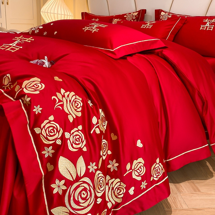 91家纺网 家纺一手货源 找家纺 置顶家纺 2025新款亲肤磨毛刺绣婚庆四件套系列-棚拍 天生一对-大红