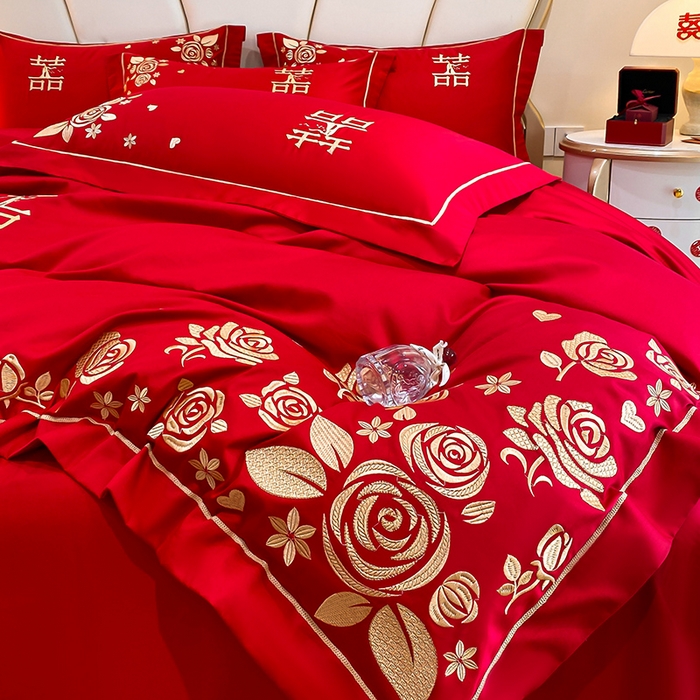 91家纺网 家纺一手货源 找家纺 置顶家纺 2025新款亲肤磨毛刺绣婚庆四件套系列-棚拍 天生一对-大红