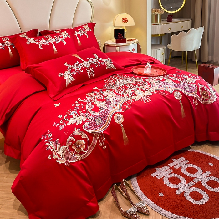 91家纺网 家纺一手货源 找家纺 置顶家纺 2025新款亲肤磨毛刺绣婚庆四件套系列-棚拍 天作之合-大红